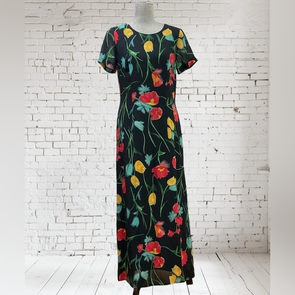 Melissa 90's black maxi dress with red, yellow  & blue tulips flowers size 6. - Picture 1 of 8